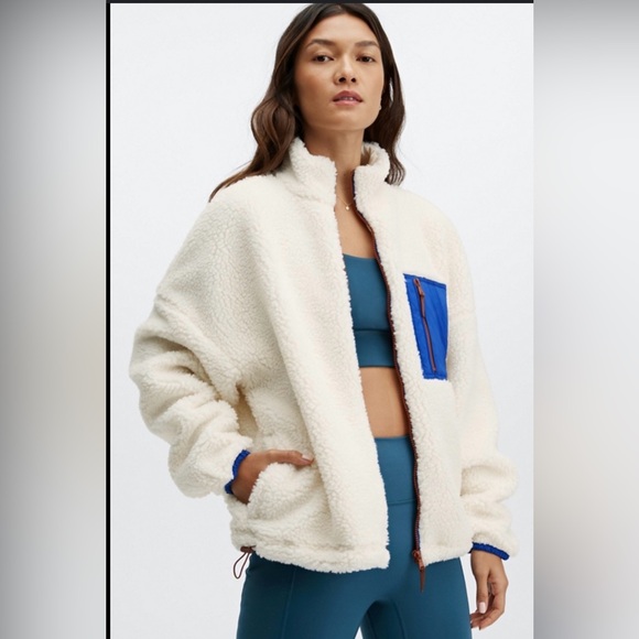 Fabletics Jackets & Blazers - Fabletics Cream Teddy Jacket with Blue Details